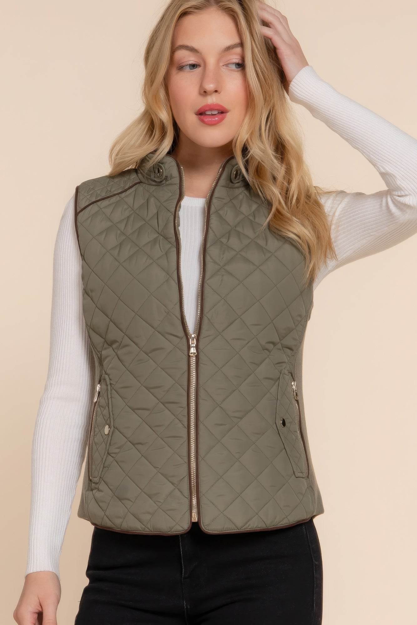 Suede Piping Quilted Padding Vest - VacationGrabs