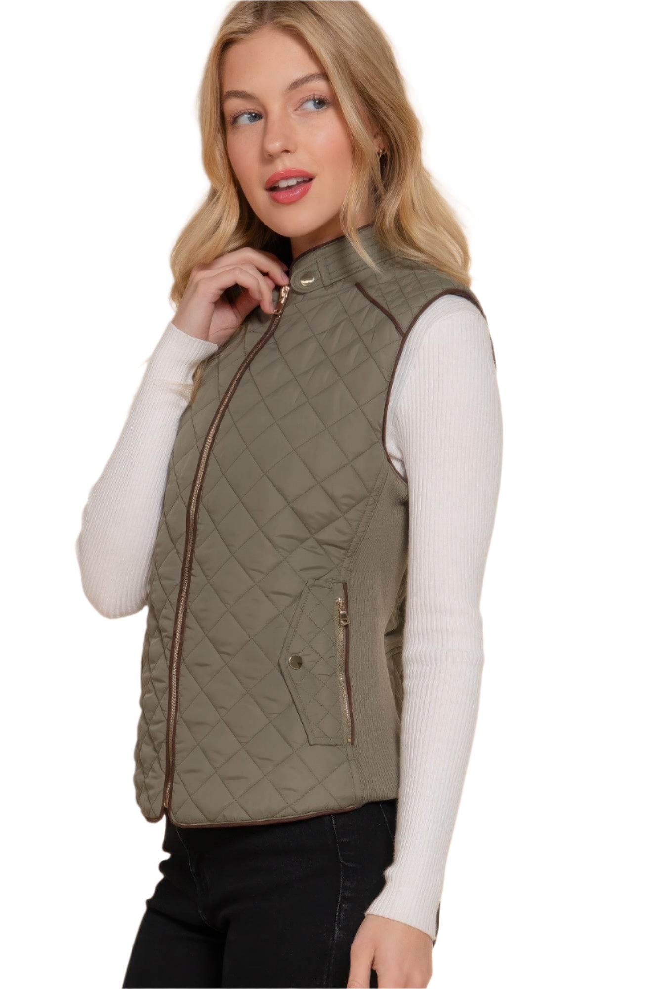 Suede Piping Quilted Padding Vest - VacationGrabs