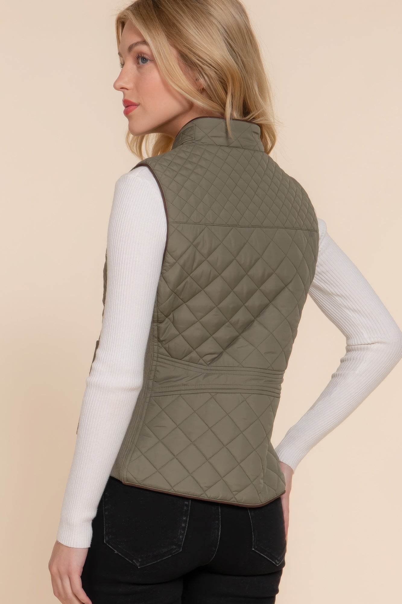 Suede Piping Quilted Padding Vest - VacationGrabs