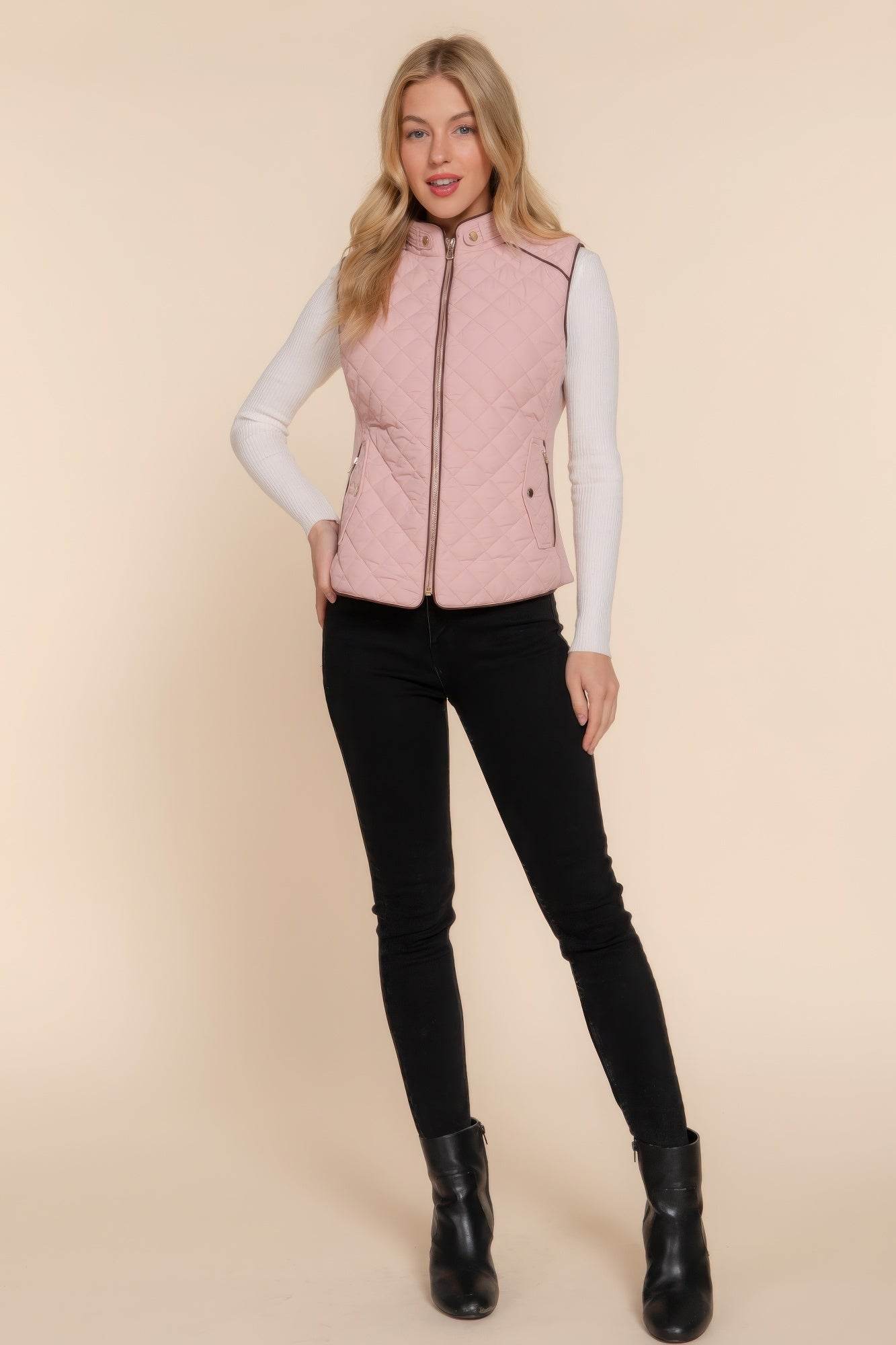 Suede Piping Quilted Padding Vest - VacationGrabs