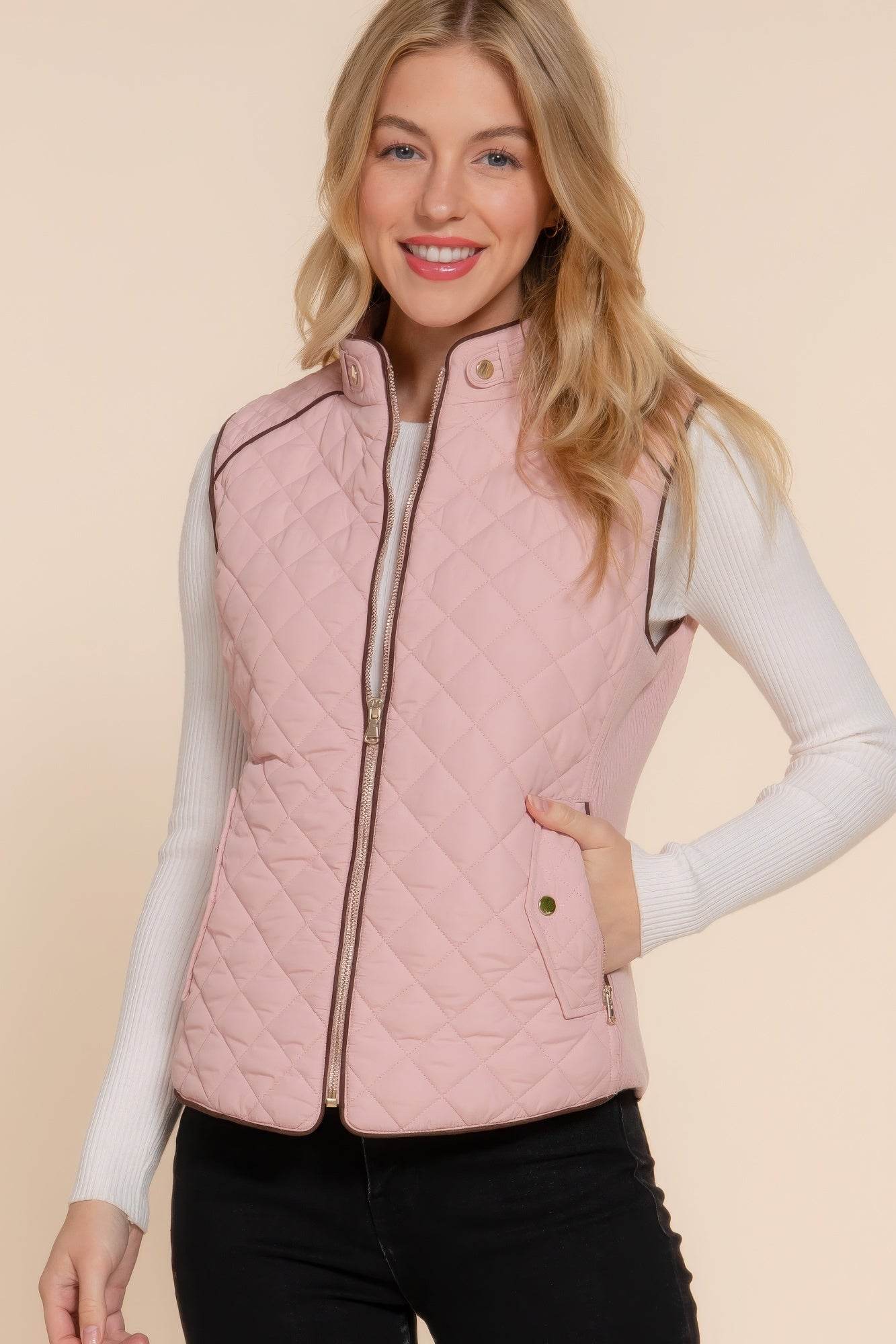 Suede Piping Quilted Padding Vest - VacationGrabs
