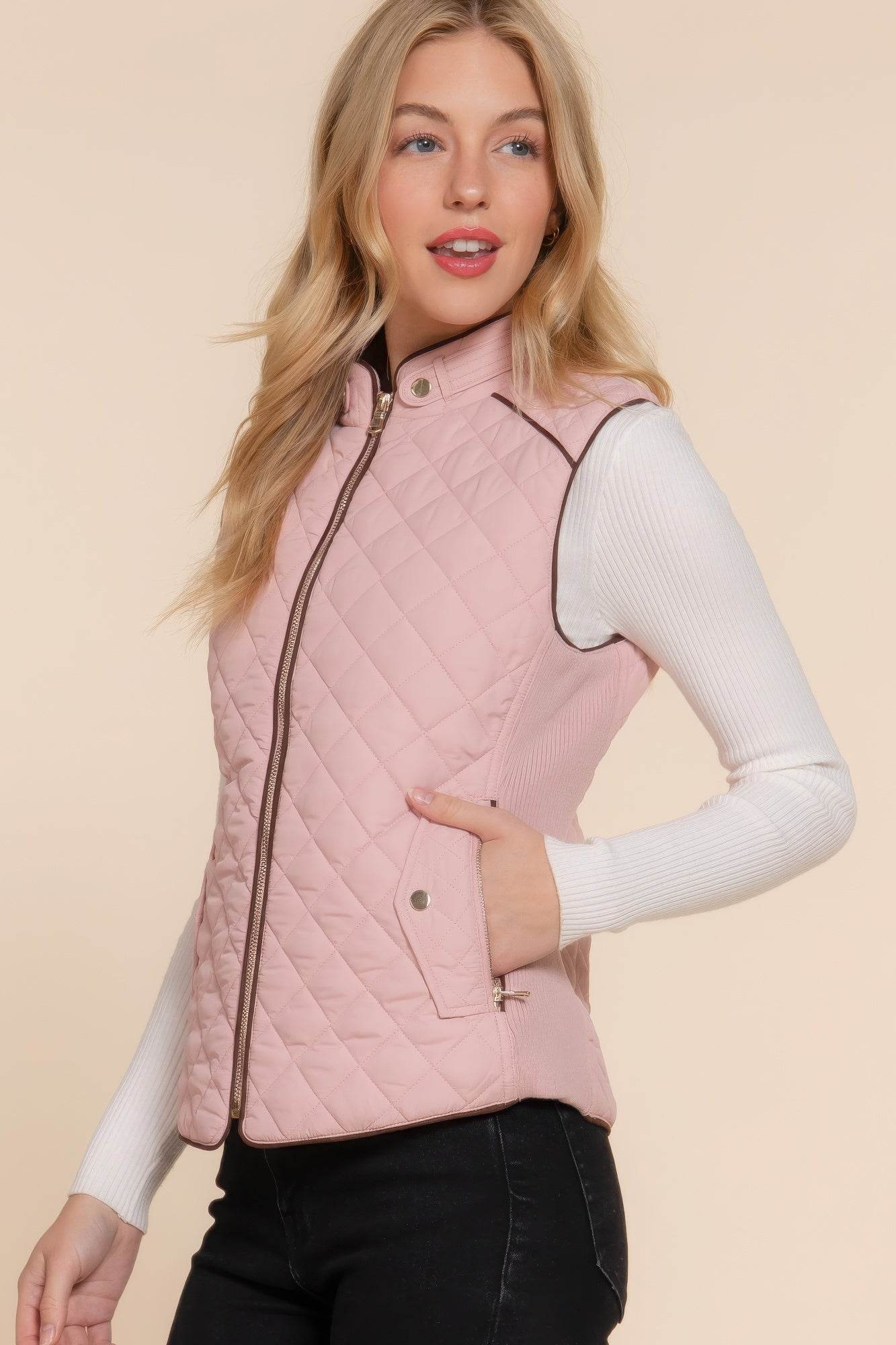 Suede Piping Quilted Padding Vest - VacationGrabs