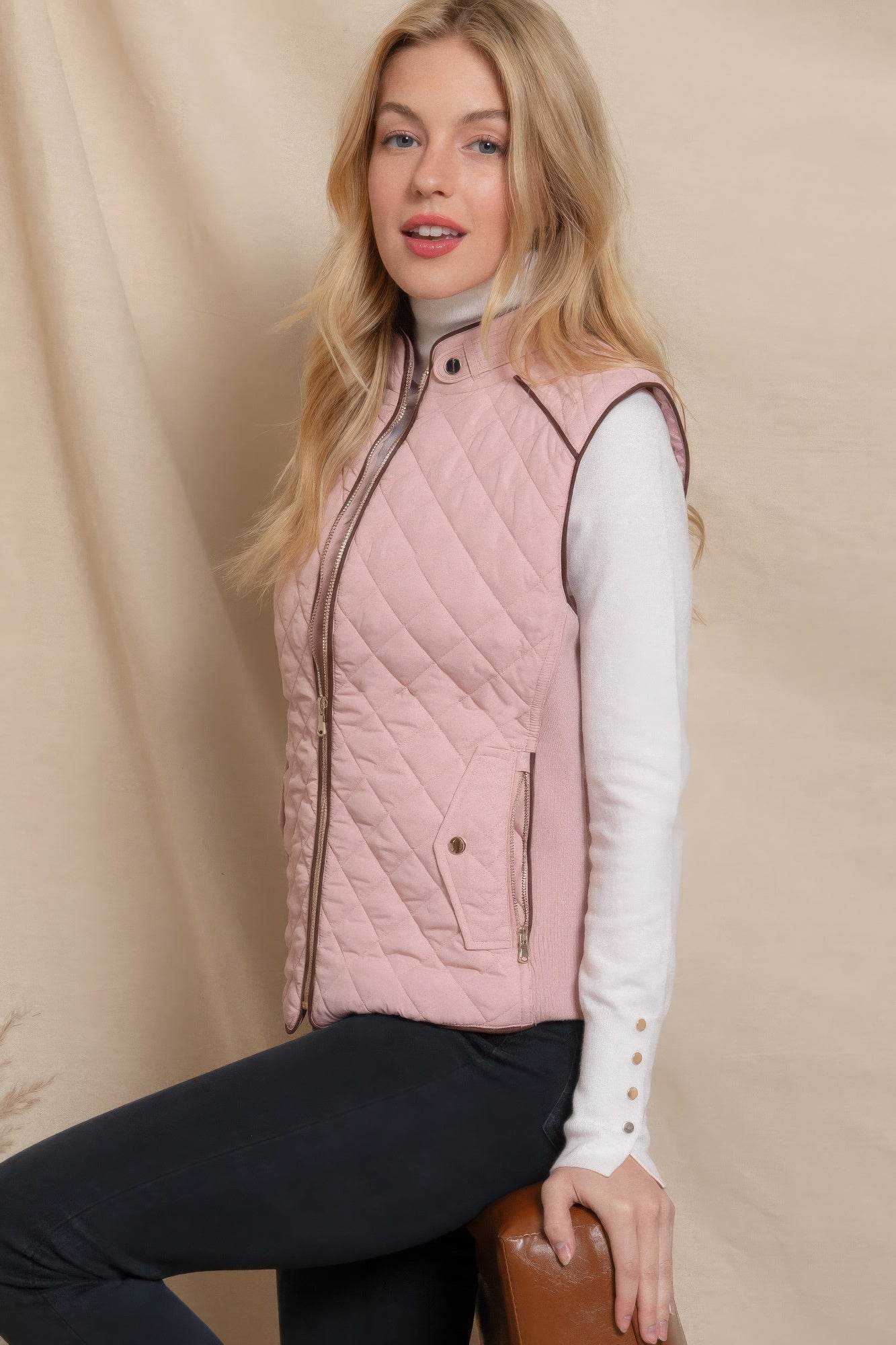 Suede Piping Quilted Padding Vest - VacationGrabs