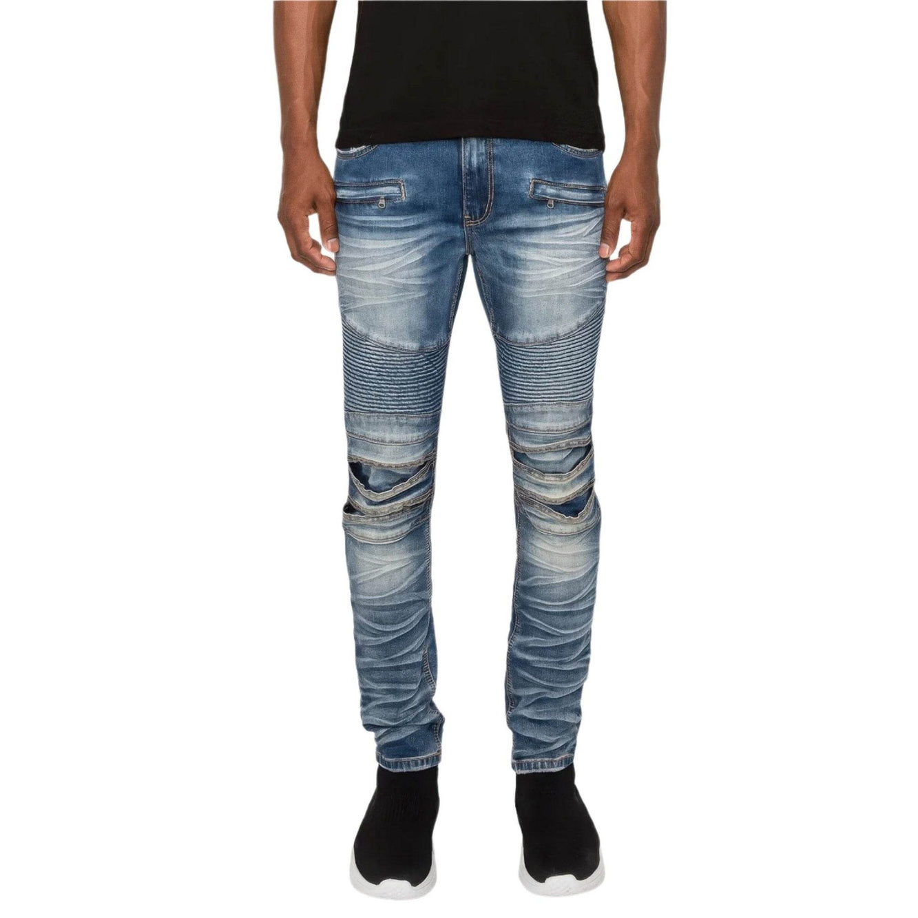 Men Creased Biker Denim Jeans - VacationGrabs