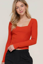 Long slv sweetheart neck seam detail knit top - VacationGrabs