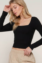 Long slv sweetheart neck seam detail knit top - VacationGrabs