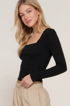 Long slv sweetheart neck seam detail knit top - VacationGrabs