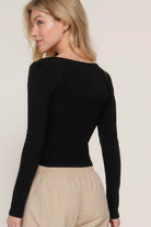 Long slv sweetheart neck seam detail knit top - VacationGrabs