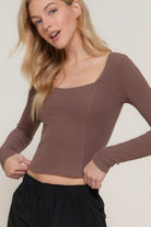 Long slv sweetheart neck seam detail knit top - VacationGrabs