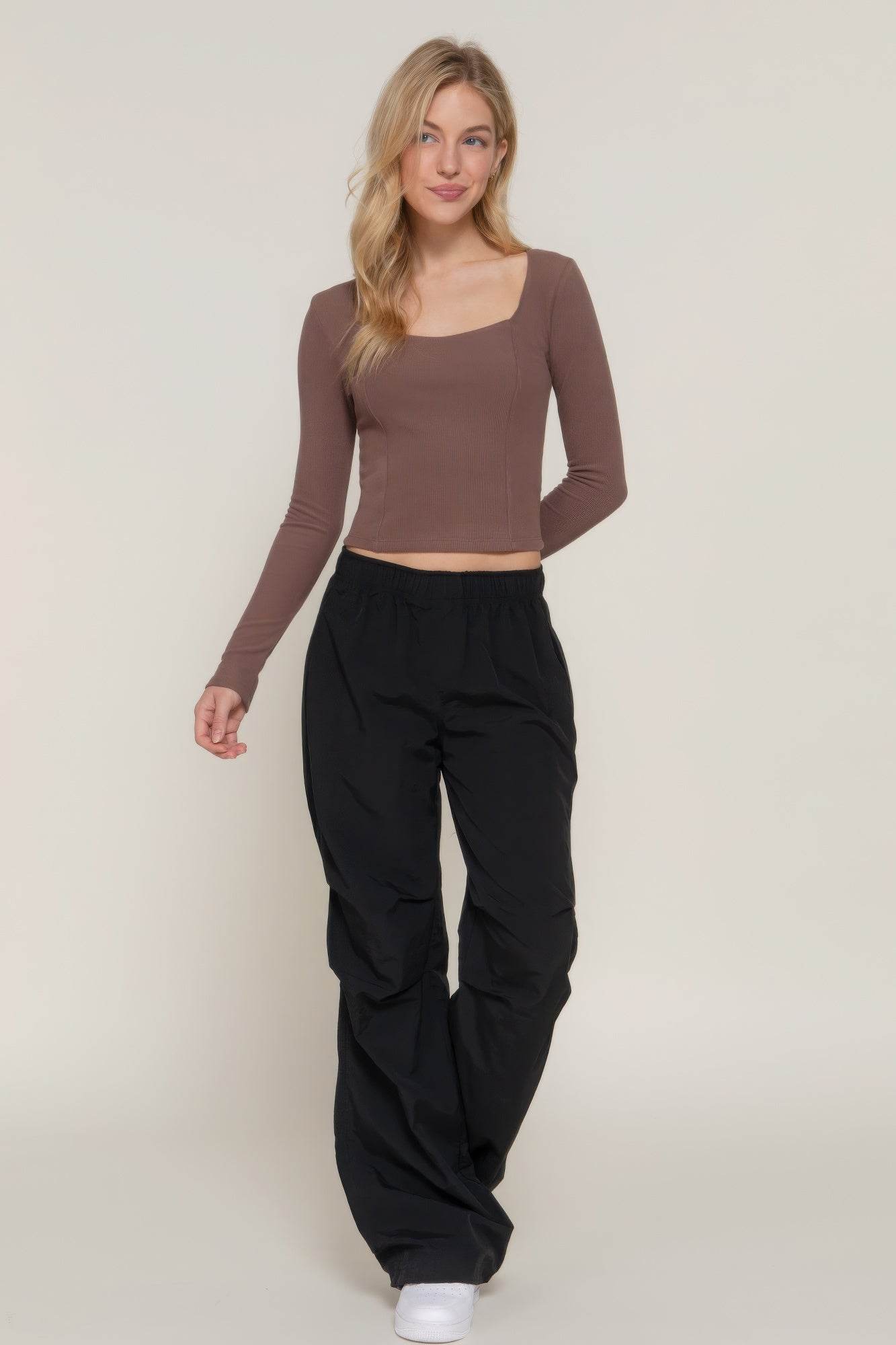Long slv sweetheart neck seam detail knit top - VacationGrabs