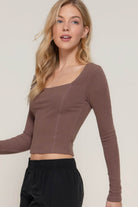 Long slv sweetheart neck seam detail knit top - VacationGrabs