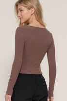 Long slv sweetheart neck seam detail knit top - VacationGrabs