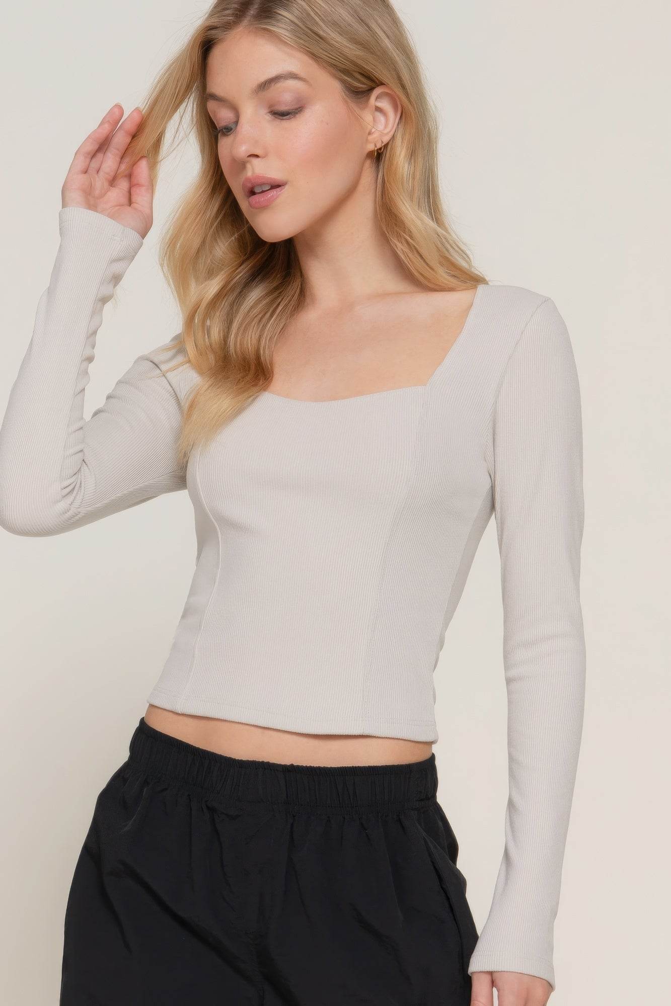 Long slv sweetheart neck seam detail knit top - VacationGrabs