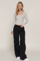 Long slv sweetheart neck seam detail knit top - VacationGrabs