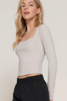 Long slv sweetheart neck seam detail knit top - VacationGrabs