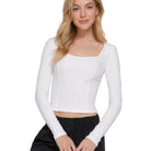 Long slv sweetheart neck seam detail knit top - VacationGrabs