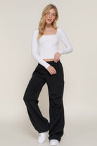 Long slv sweetheart neck seam detail knit top - VacationGrabs