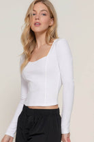 Long slv sweetheart neck seam detail knit top - VacationGrabs