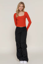 Long slv sweetheart neck seam detail knit top - VacationGrabs