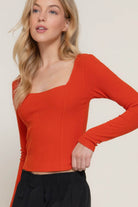 Long slv sweetheart neck seam detail knit top - VacationGrabs