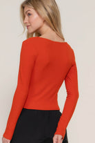 Long slv sweetheart neck seam detail knit top - VacationGrabs