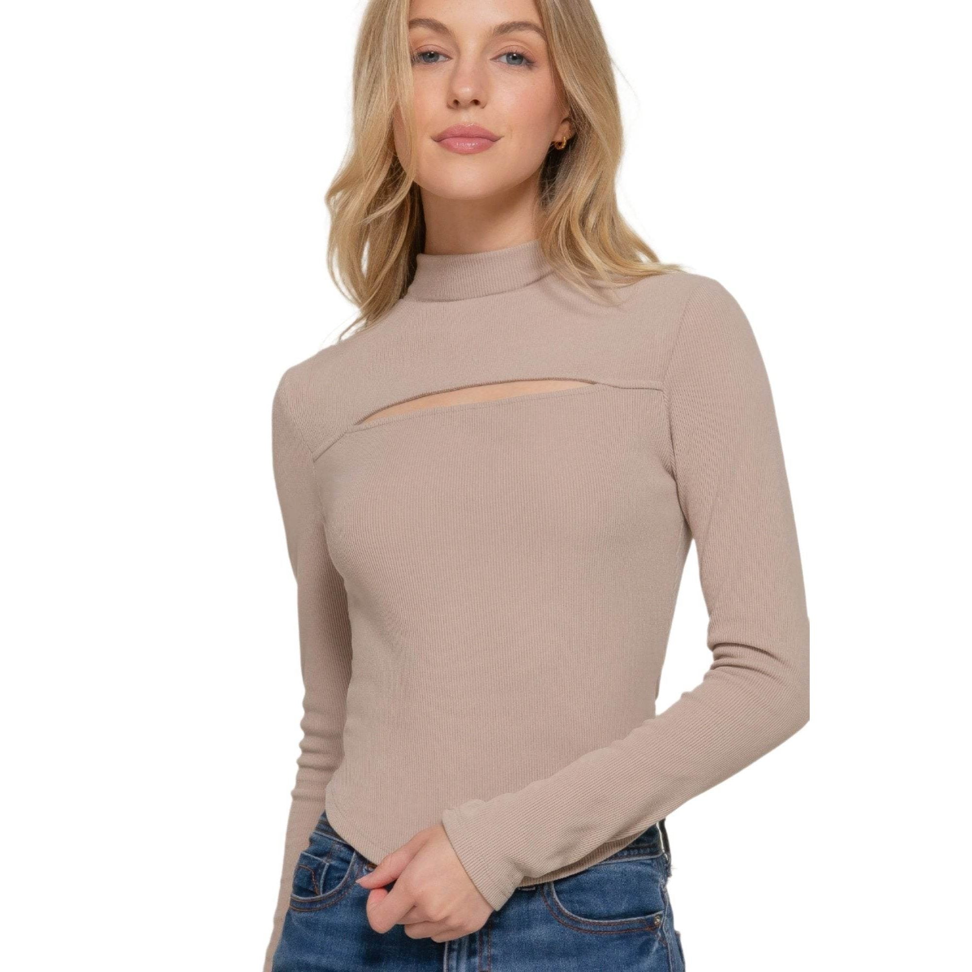 Long Sleeve Mock Neck Keyhole Rib Knit Top - VacationGrabs