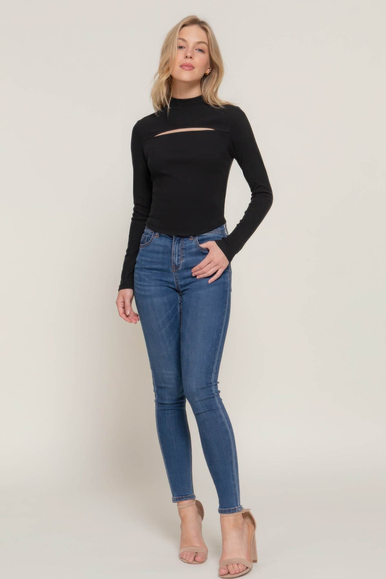 Long Sleeve Mock Neck Keyhole Rib Knit Top - VacationGrabs