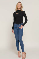 Long Sleeve Mock Neck Keyhole Rib Knit Top - VacationGrabs