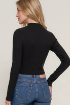Long Sleeve Mock Neck Keyhole Rib Knit Top - VacationGrabs