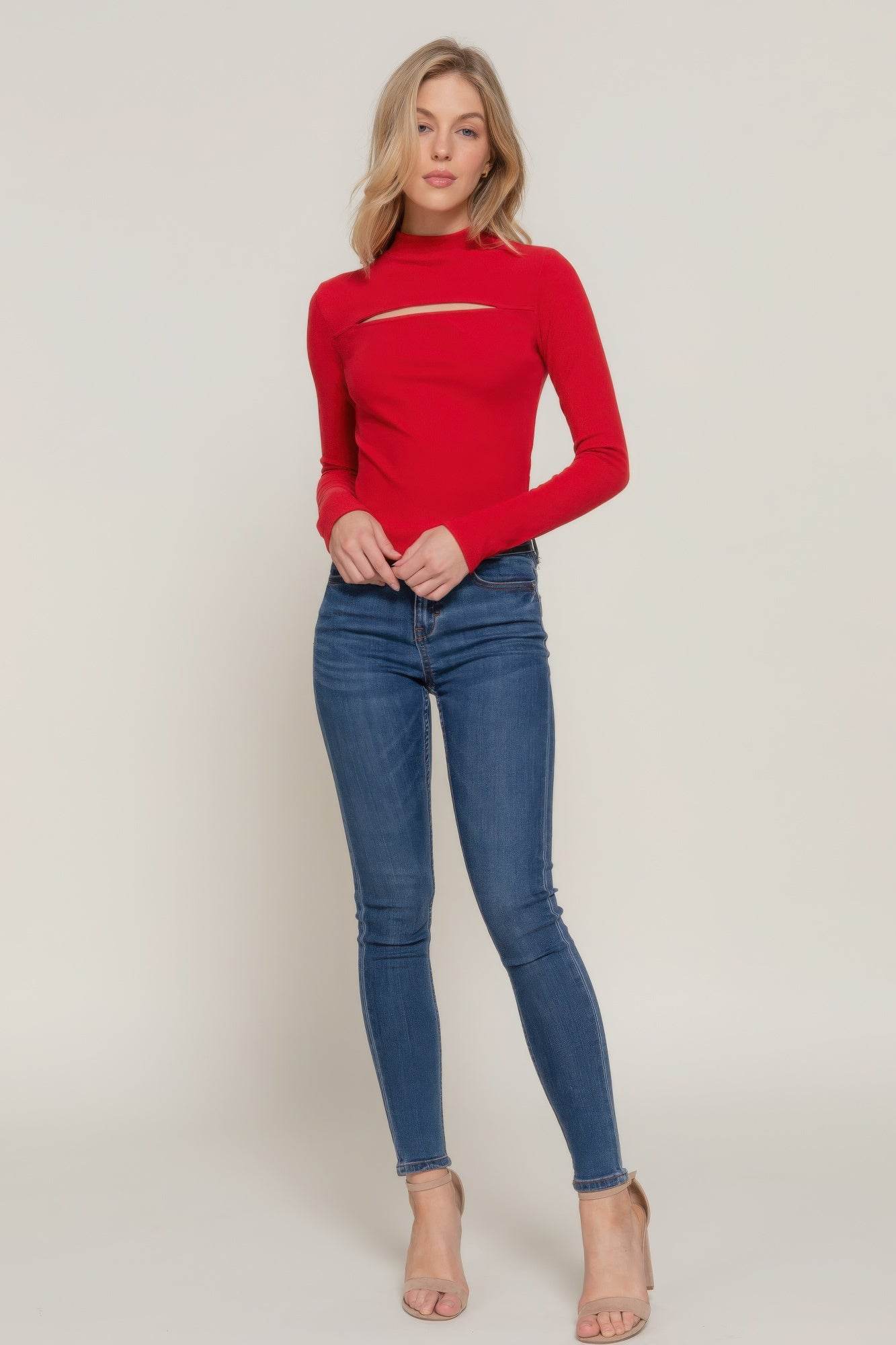 Long Sleeve Mock Neck Keyhole Rib Knit Top - VacationGrabs