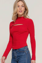 Long Sleeve Mock Neck Keyhole Rib Knit Top - VacationGrabs