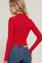 Long Sleeve Mock Neck Keyhole Rib Knit Top - VacationGrabs