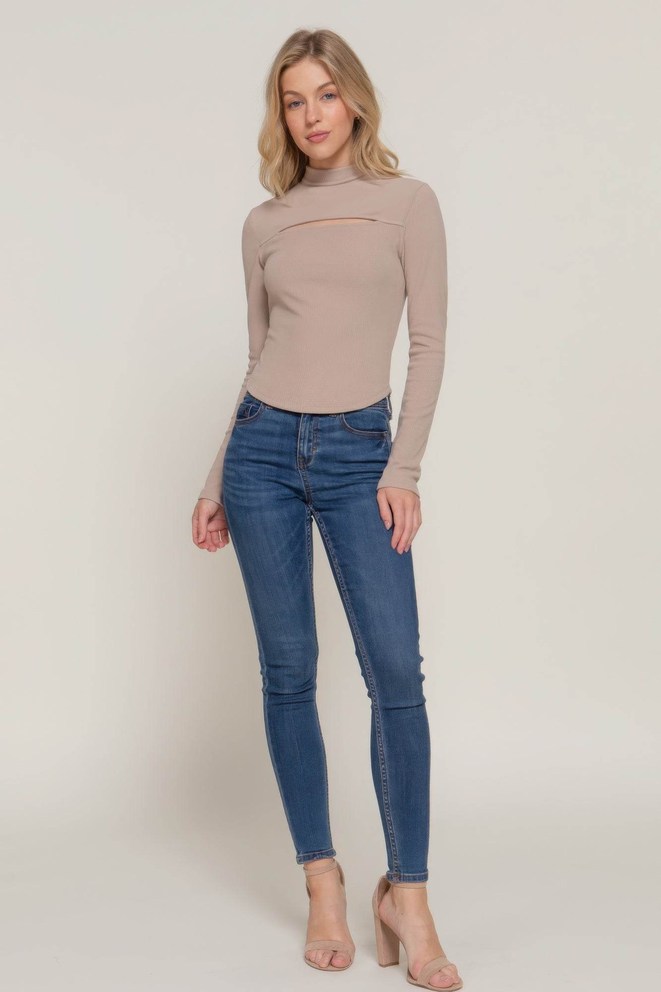 Long Sleeve Mock Neck Keyhole Rib Knit Top - VacationGrabs