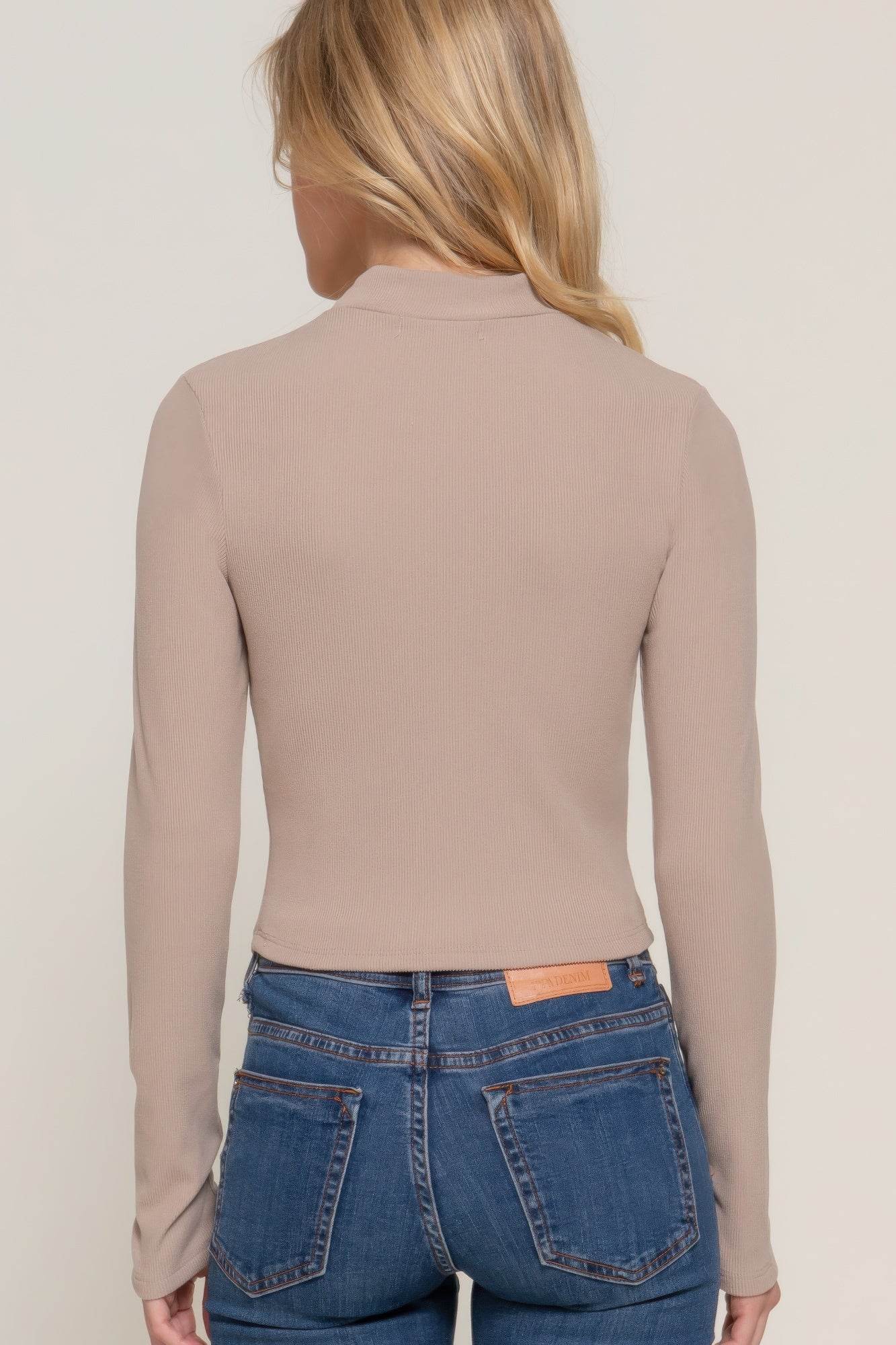 Long Sleeve Mock Neck Keyhole Rib Knit Top - VacationGrabs