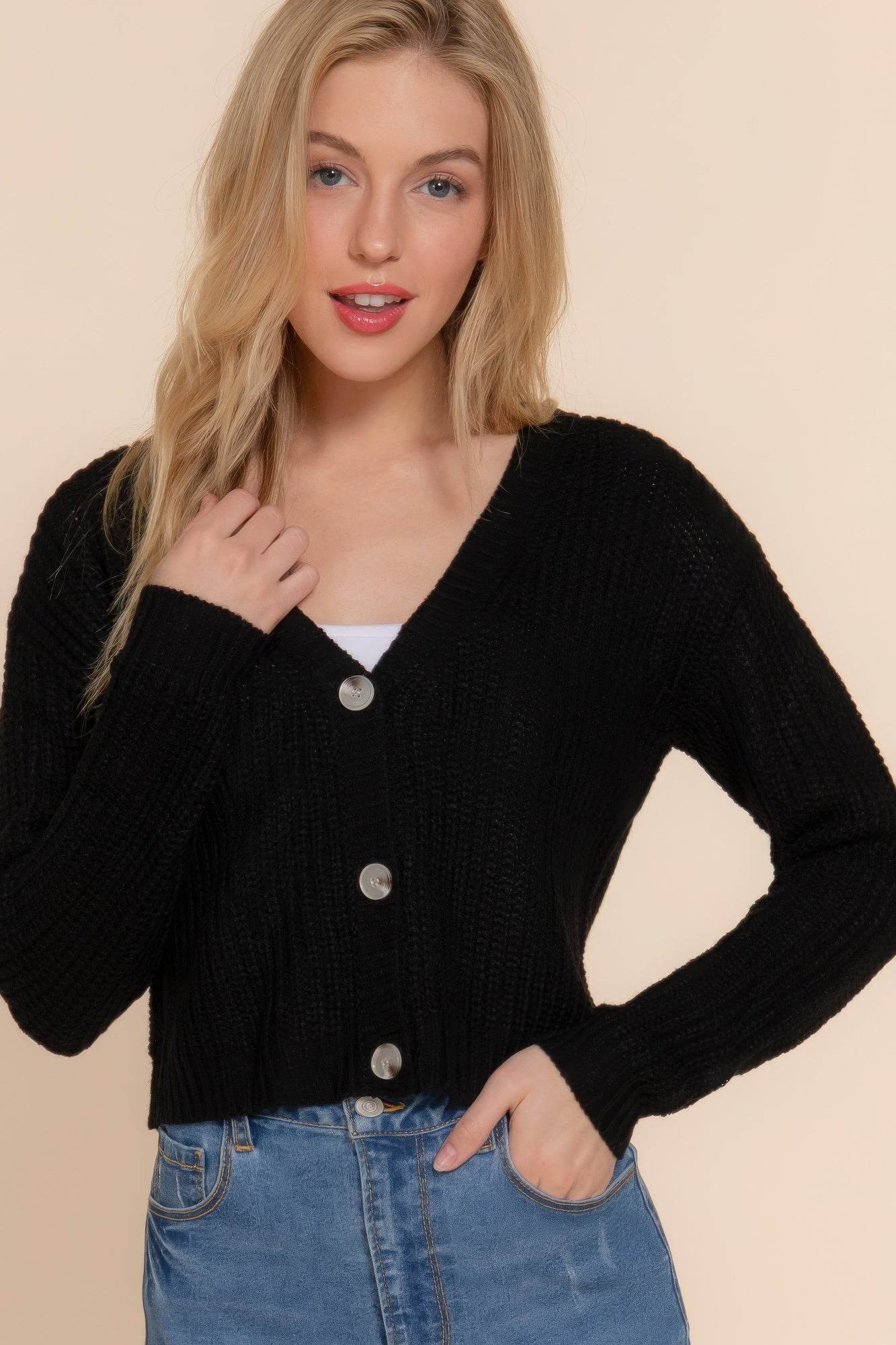 Long slv v-neck sweater cardigan - VacationGrabs