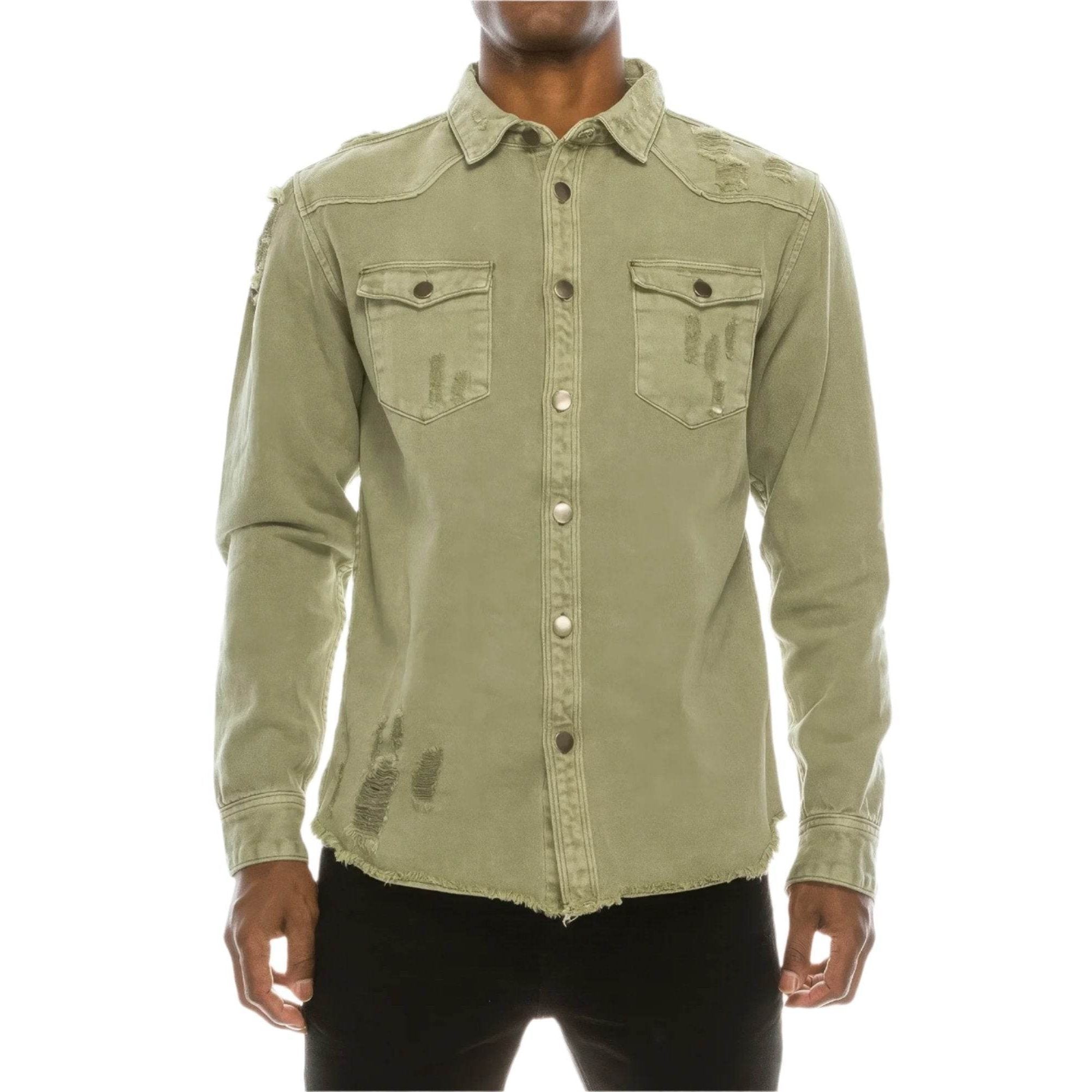 Men's Ripped Denim Overshirt - VacationGrabs