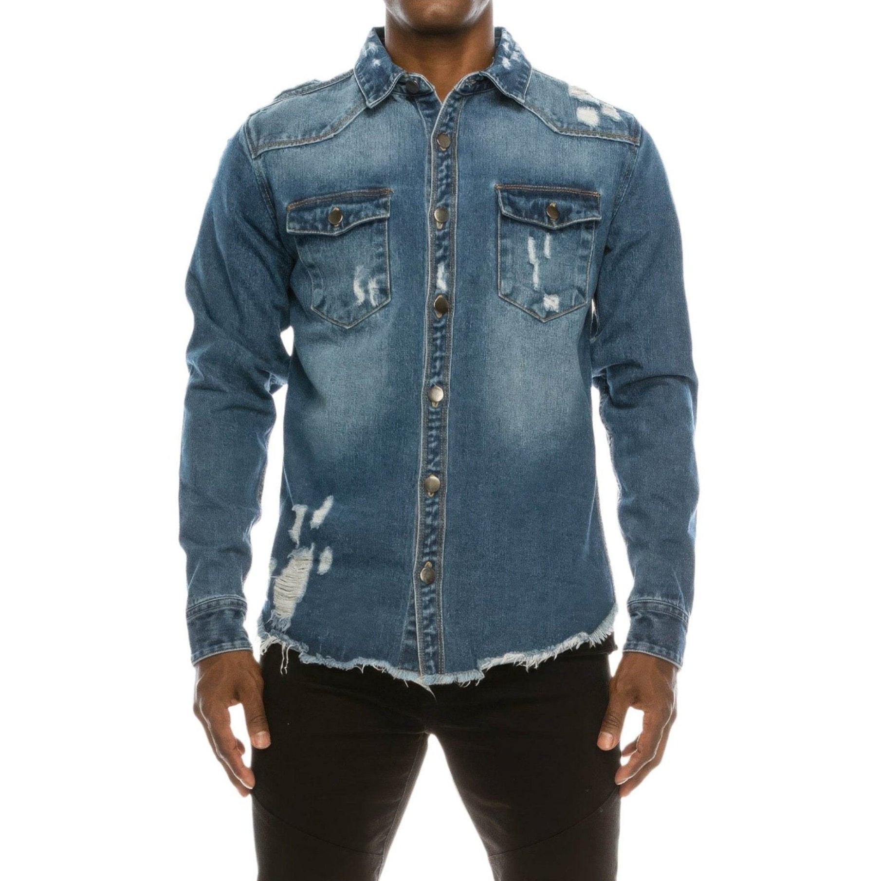 Men's Ripped Denim Overshirt - VacationGrabs
