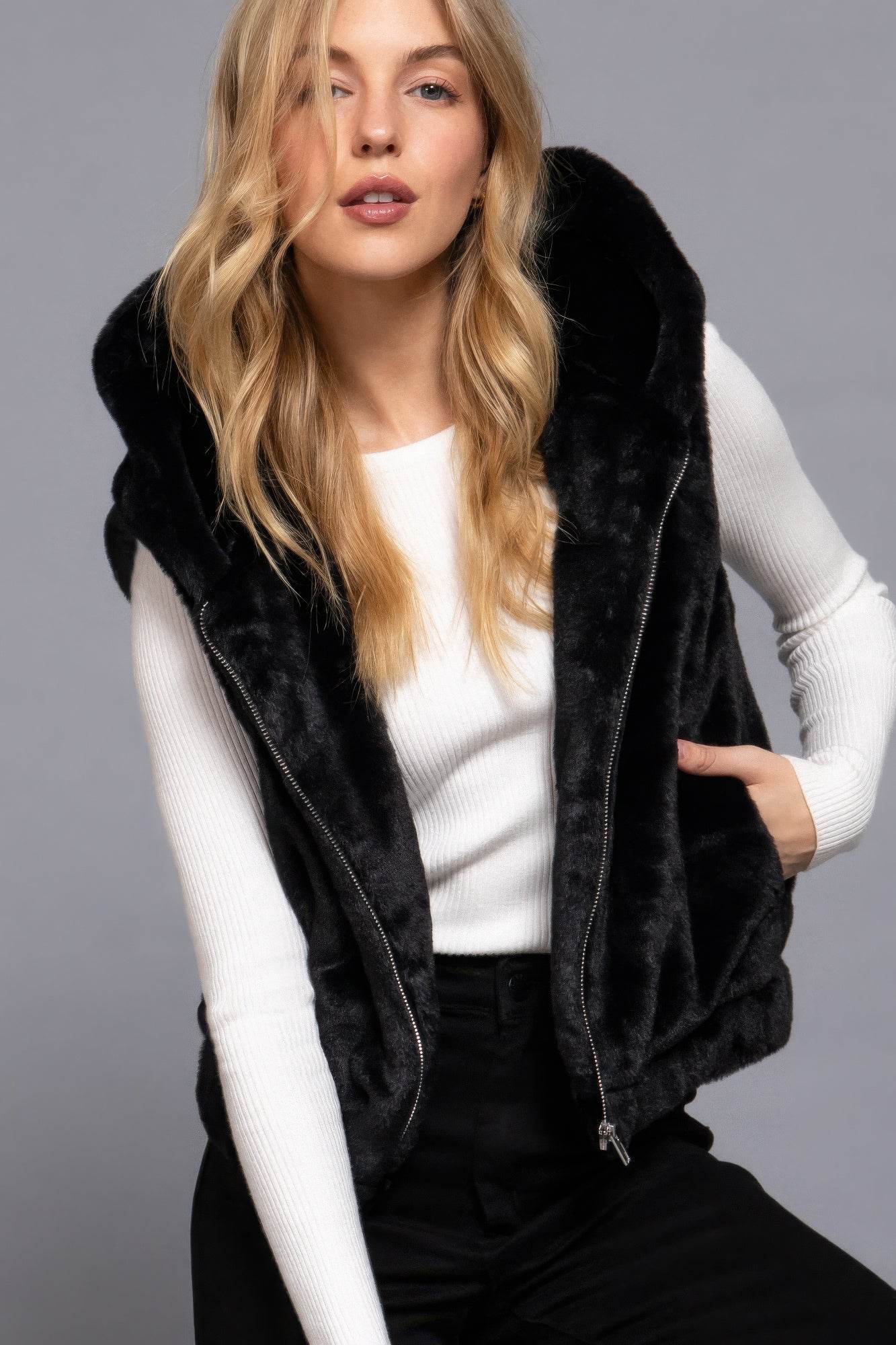 Hoodie Faux Fur Vest - VacationGrabs