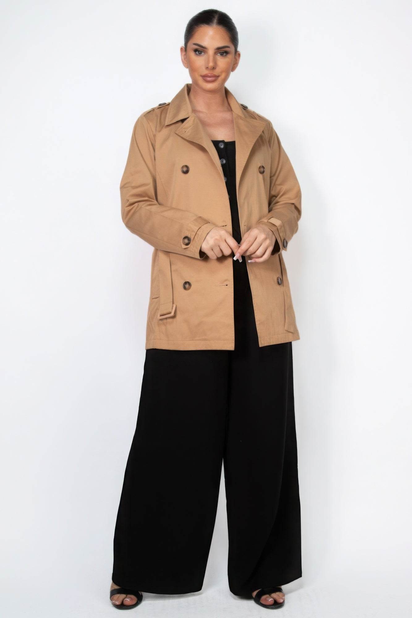 Double-breasted Notch Belted Coat - VacationGrabs