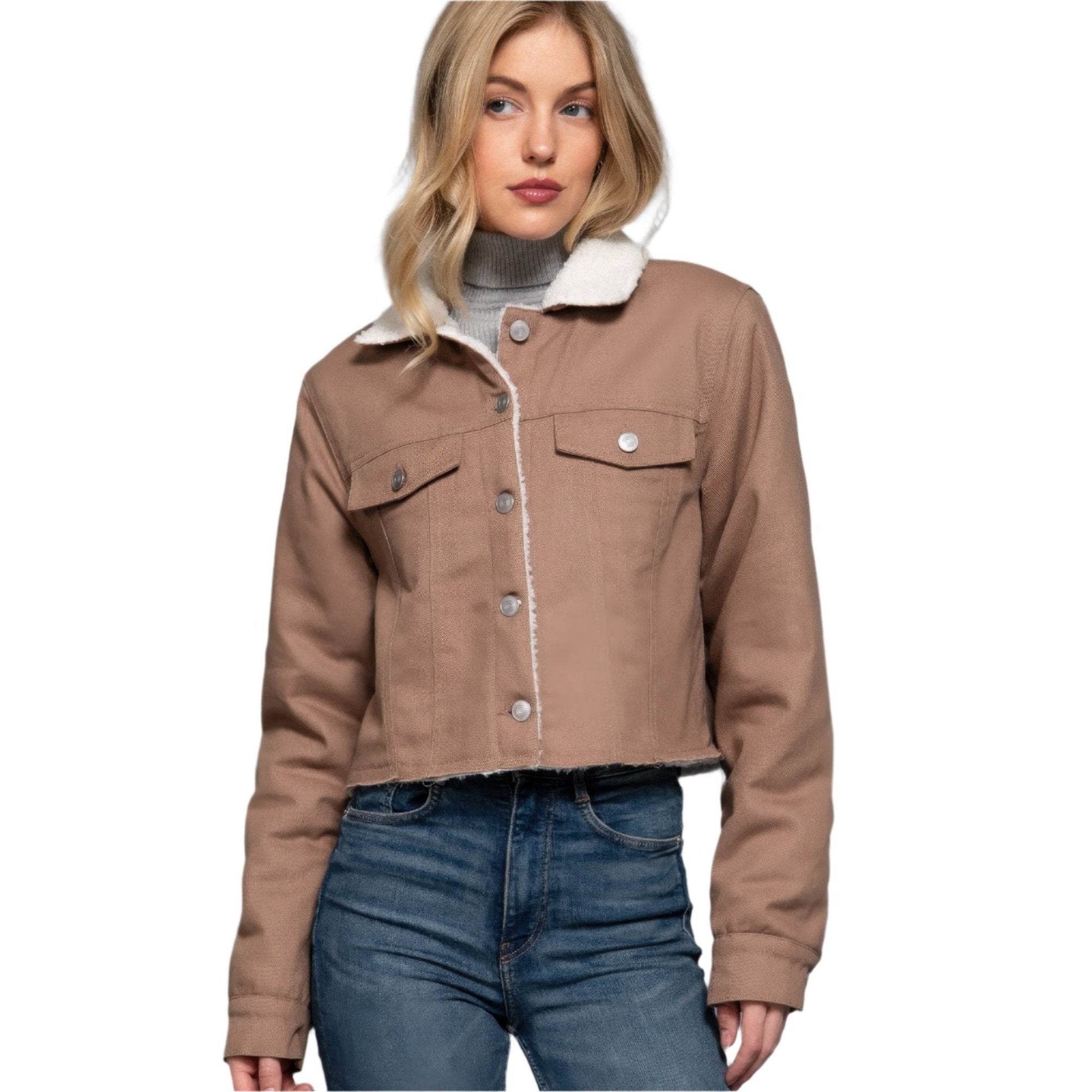 Button Closure Sherpa-lined Twill Jacket - VacationGrabs