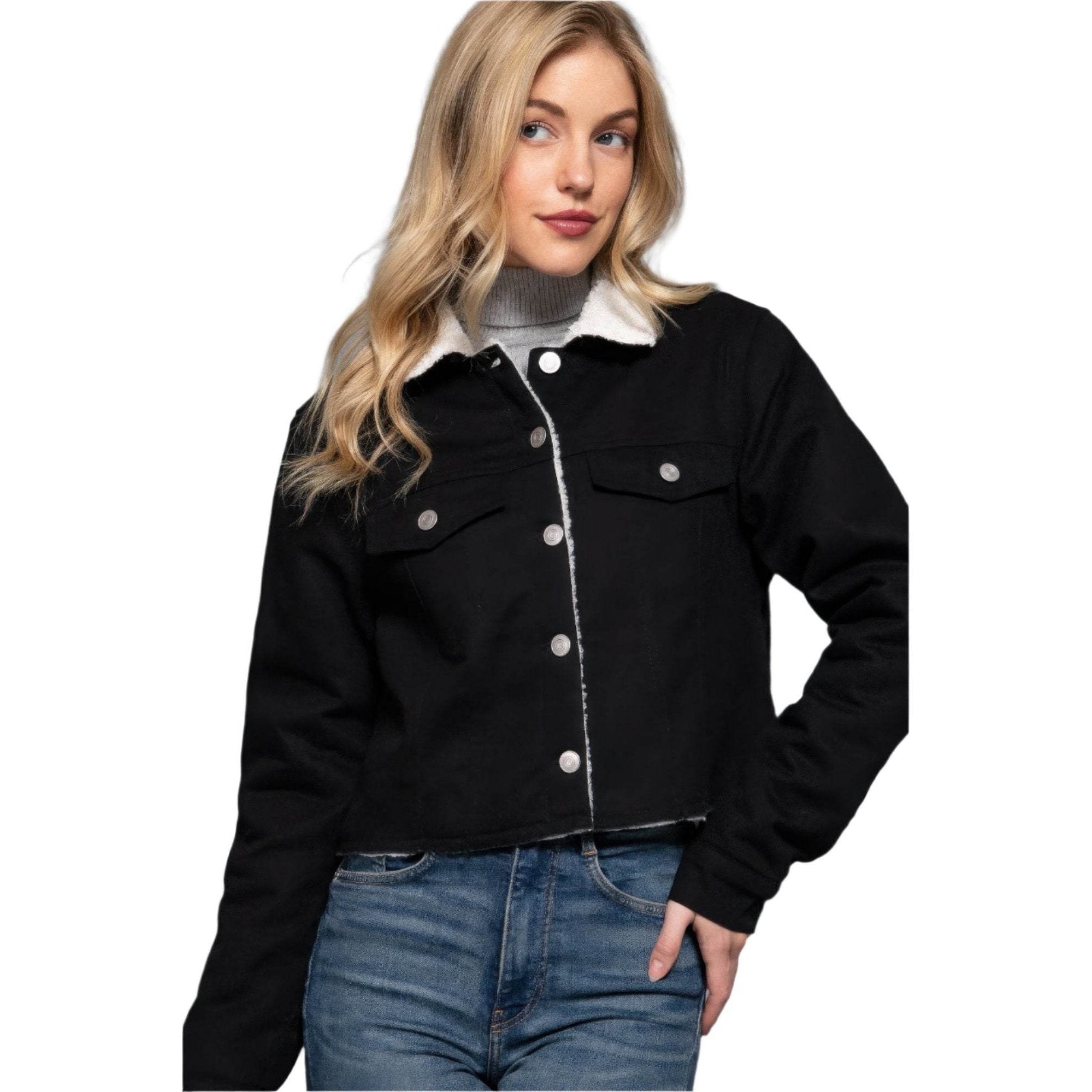 Button Closure Sherpa-lined Twill Jacket - VacationGrabs