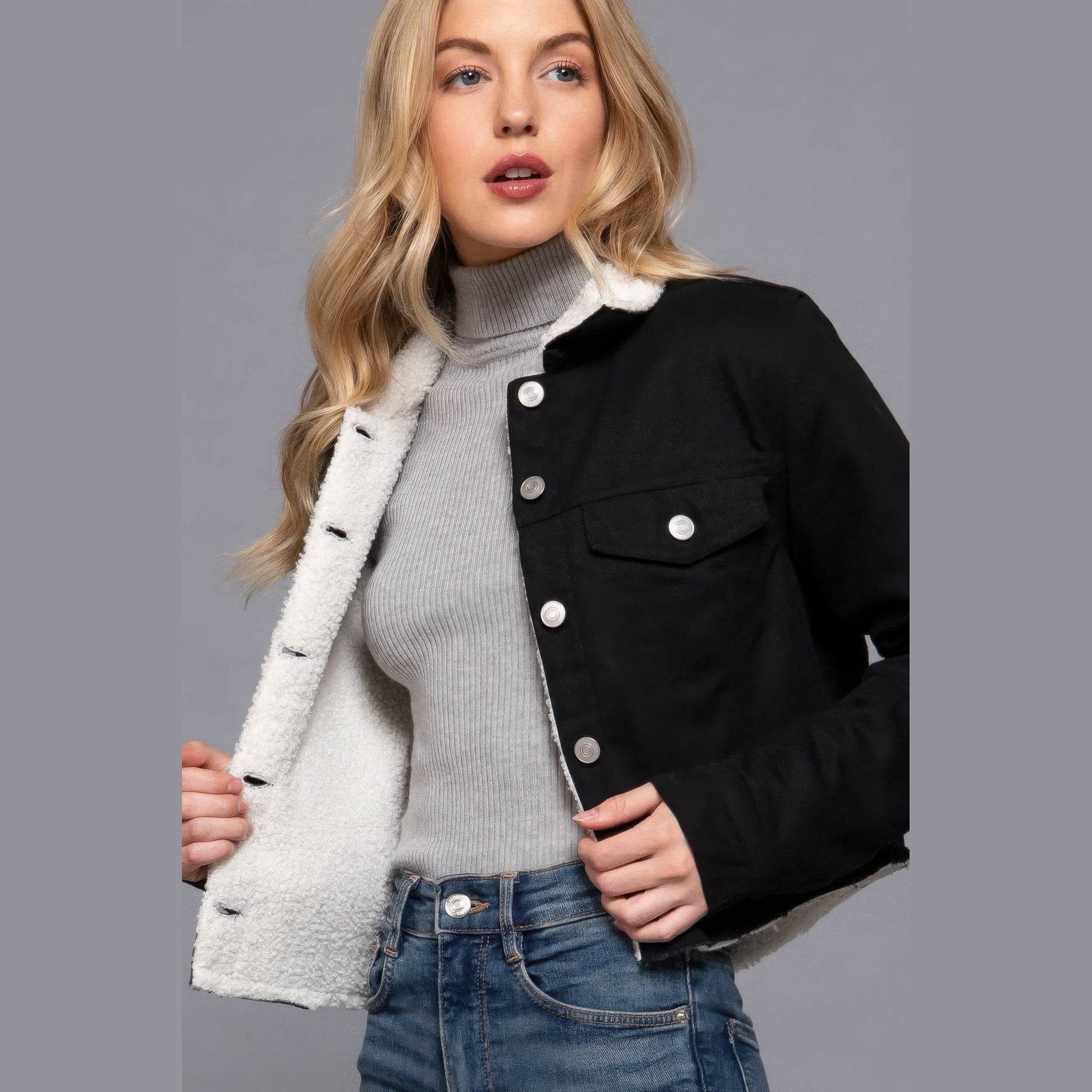 Button Closure Sherpa-lined Twill Jacket - VacationGrabs