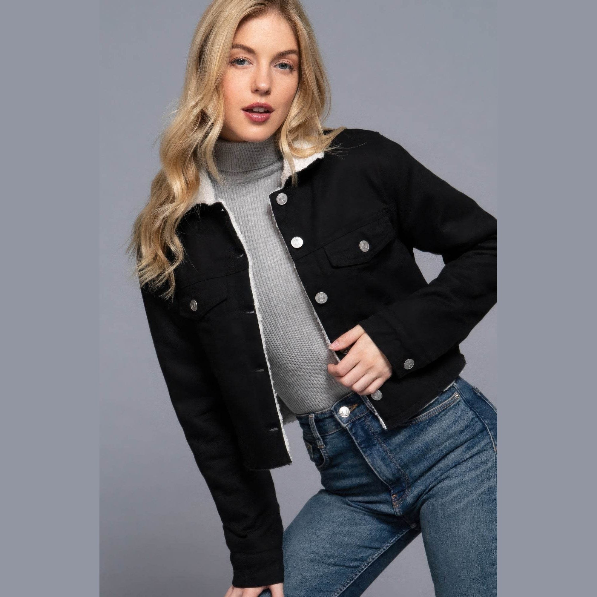 Button Closure Sherpa-lined Twill Jacket - VacationGrabs