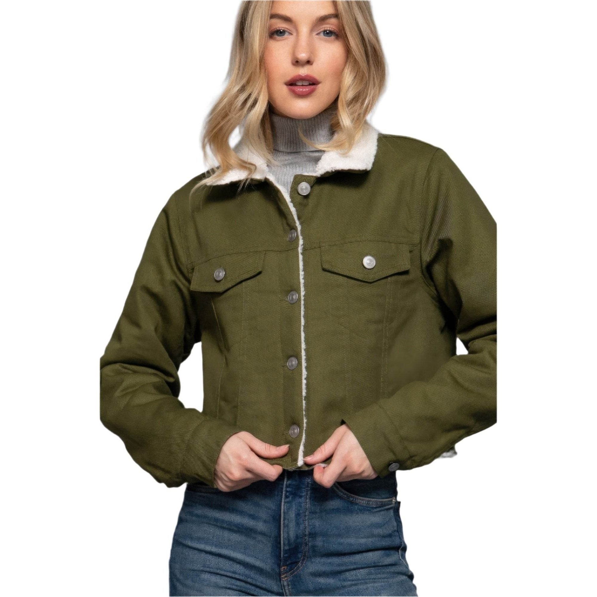 Button Closure Sherpa-lined Twill Jacket - VacationGrabs