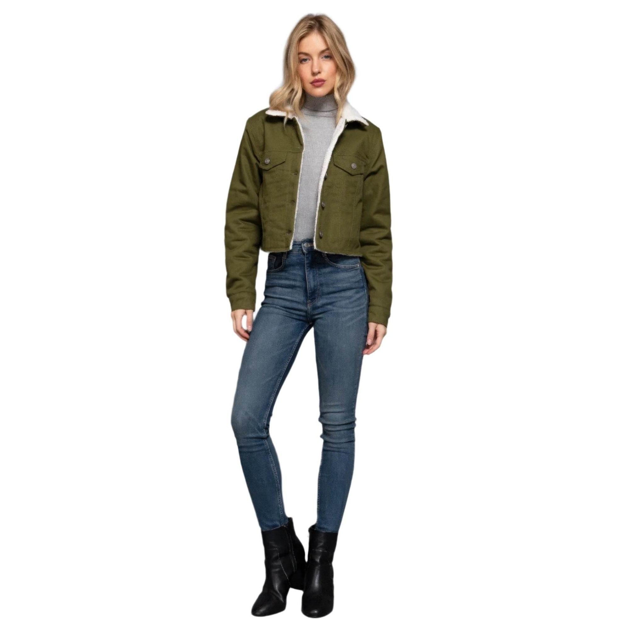 Button Closure Sherpa-lined Twill Jacket - VacationGrabs