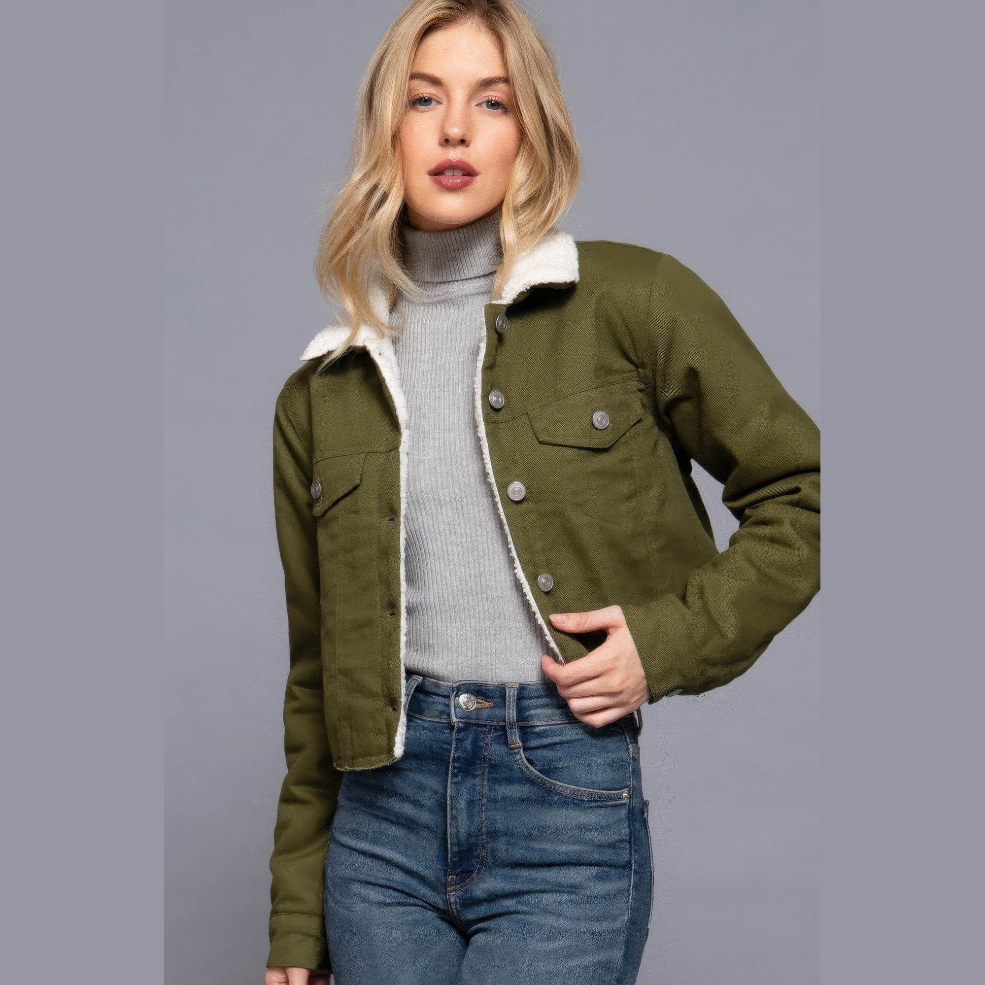Button Closure Sherpa-lined Twill Jacket - VacationGrabs