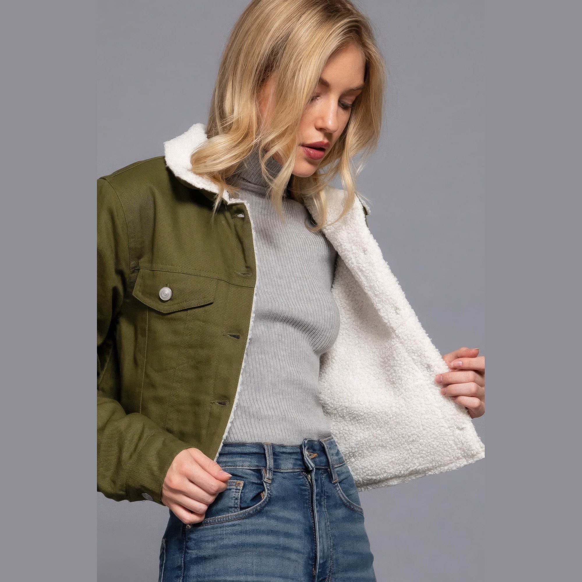 Button Closure Sherpa-lined Twill Jacket - VacationGrabs
