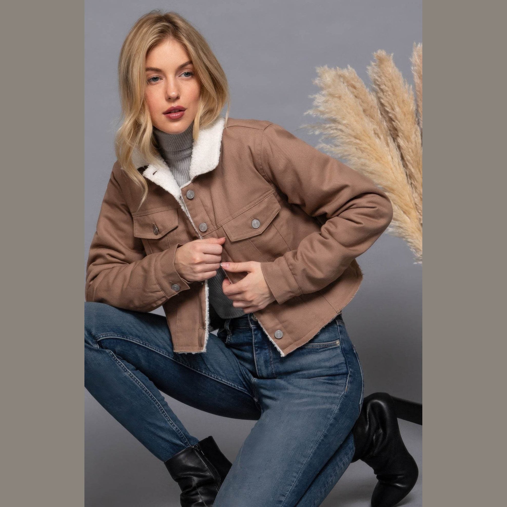 Button Closure Sherpa-lined Twill Jacket - VacationGrabs