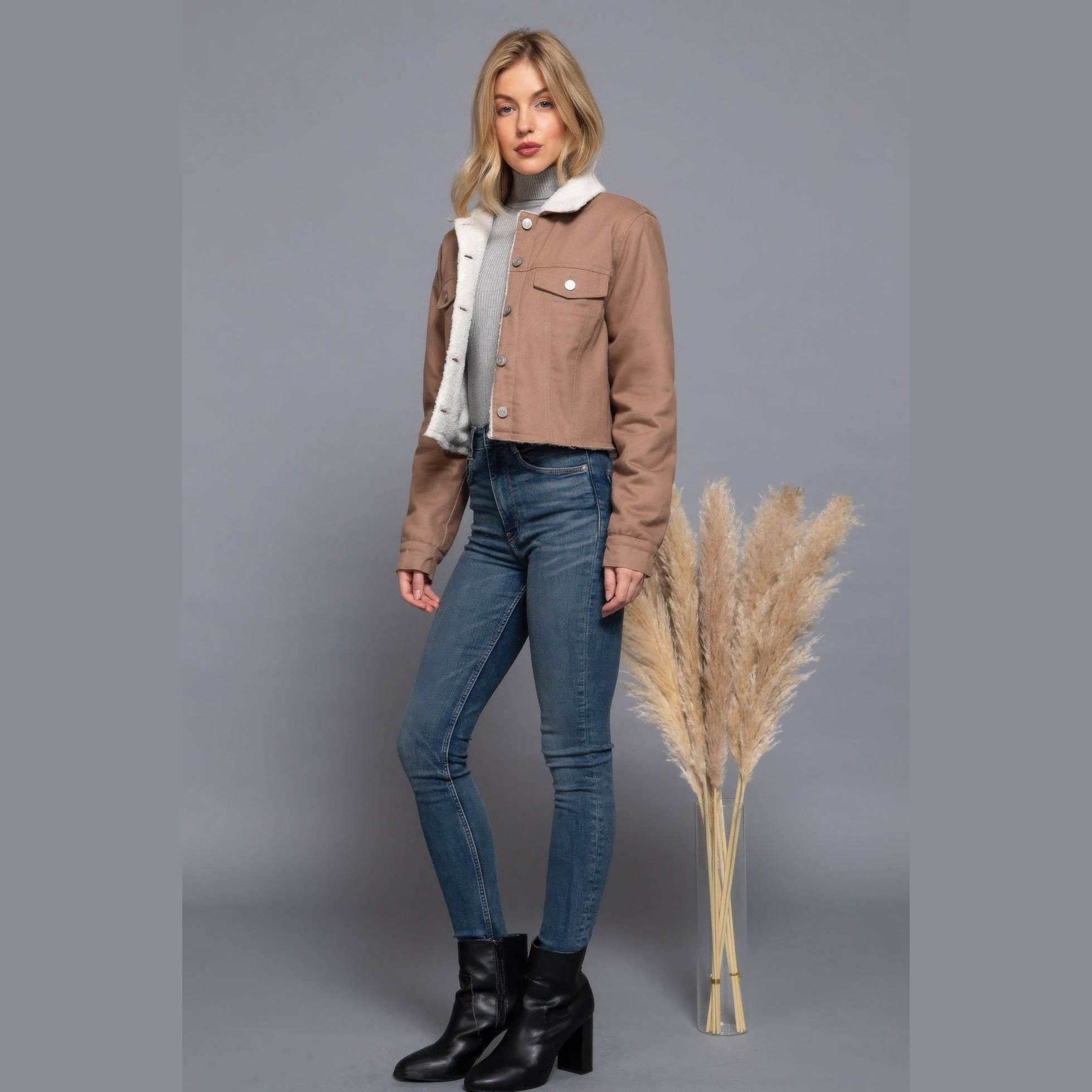 Button Closure Sherpa-lined Twill Jacket - VacationGrabs