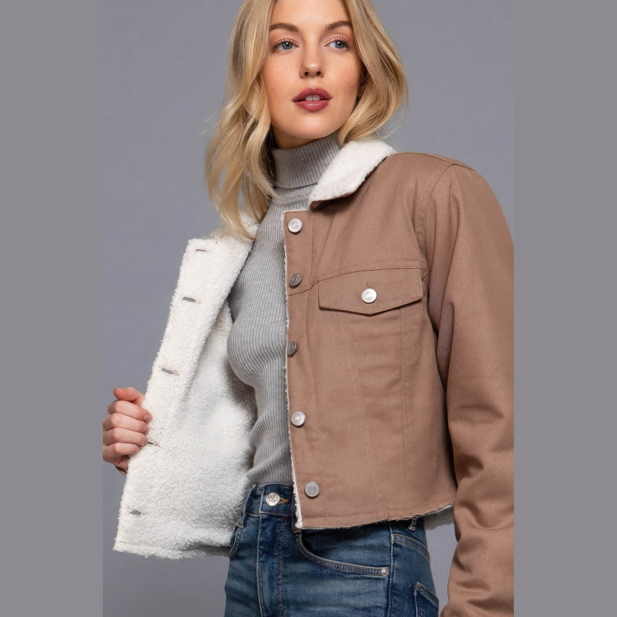 Button Closure Sherpa-lined Twill Jacket - VacationGrabs